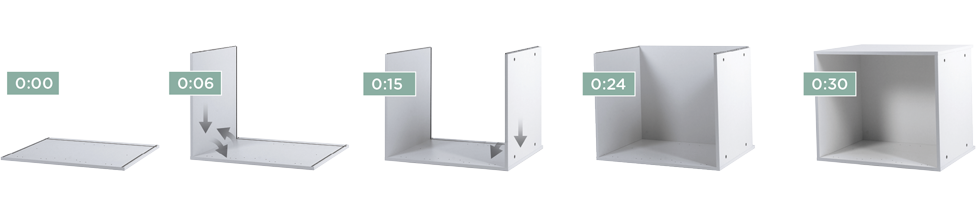 Clicks together without tools in 30 seconds